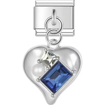 Heart pendant with blue crystal pearl white accent Italian charm bracelet link