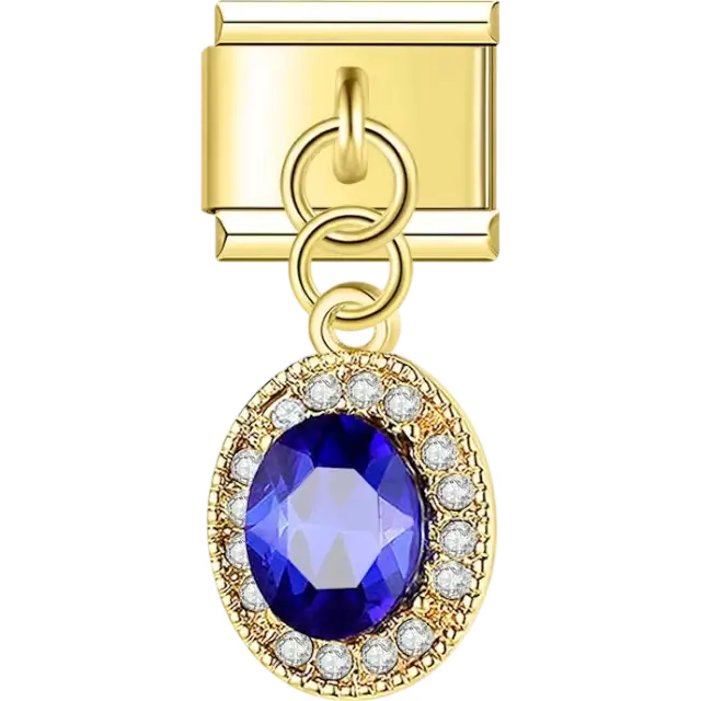 Blue oval crystal framed with clear crystals dangle Italian charm bracelet link