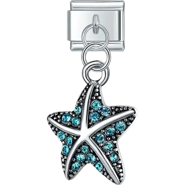 Blue crystal starfish dangle Italian charm bracelet link