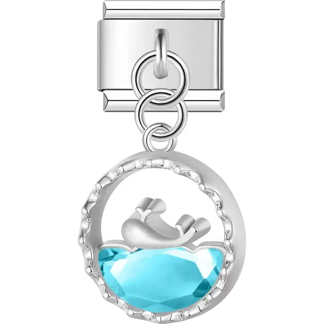 Whale outline with blue crystal body dangle Italian charm bracelet link