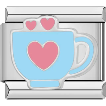 Blue cup with pink heart design and two rising pink hearts Italian charm bracelet link