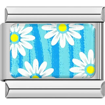 White daisies with yellow centers on textured blue striped background Italian charm bracelet link