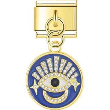 Gold dangling disk with a blue evil eye design, radiant crystal accents, and star details Italian charm bracelet link