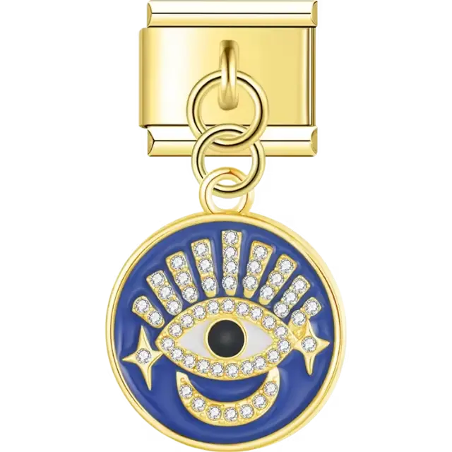 Gold dangling disk with a blue evil eye design, radiant crystal accents, and star details Italian charm bracelet link