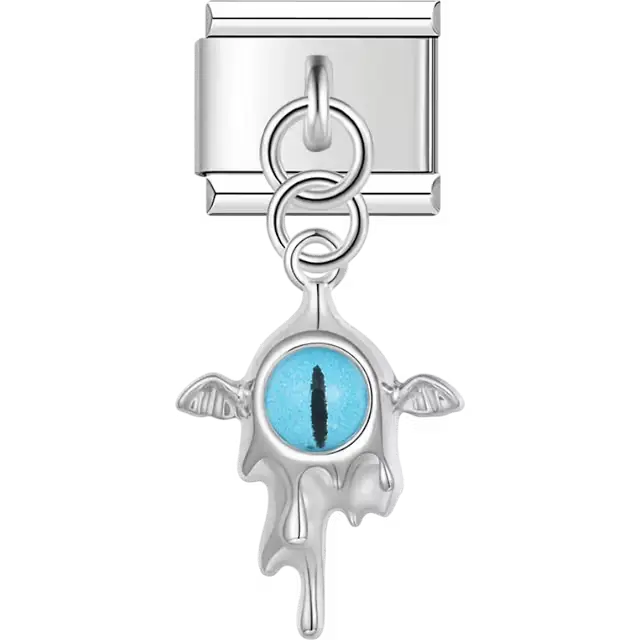 Blue dragon eye with wings design on dangle pendant Italian charm bracelet link