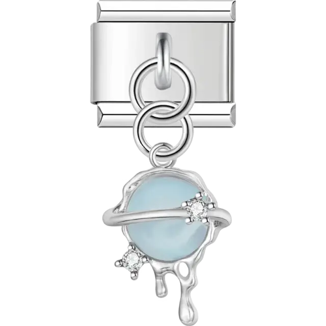 Sphere-shaped dangle with a soft blue center, orbital ring, crystal accents, and dripping details Italian charm bracelet link