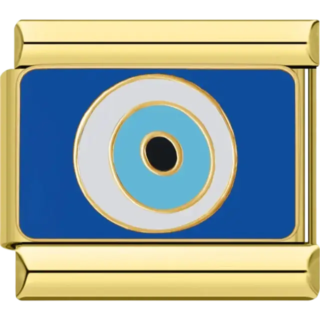 Blue evil eye on a silver and blue rectangular Italian charm bracelet link