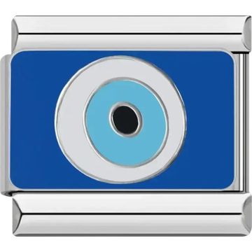 Blue evil eye on a silver and blue rectangular Italian charm bracelet link