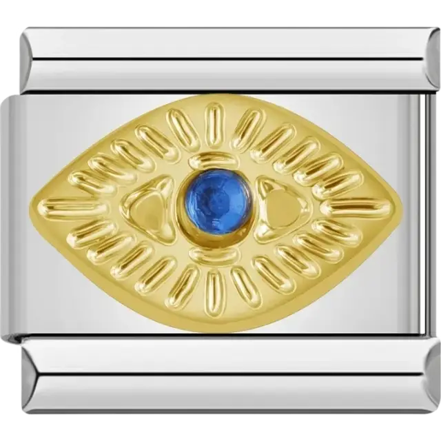Gold evil eye with blue center Italian charm bracelet link