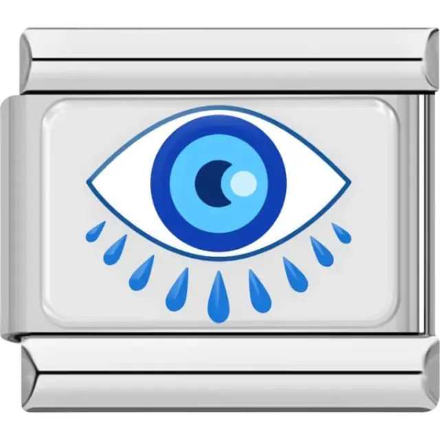 Blue evil eye design with teardrop accents on a white background Italian charm bracelet link