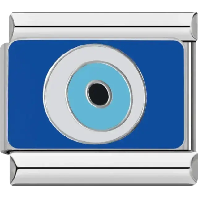 Blue evil eye on a silver and blue rectangular Italian charm bracelet link