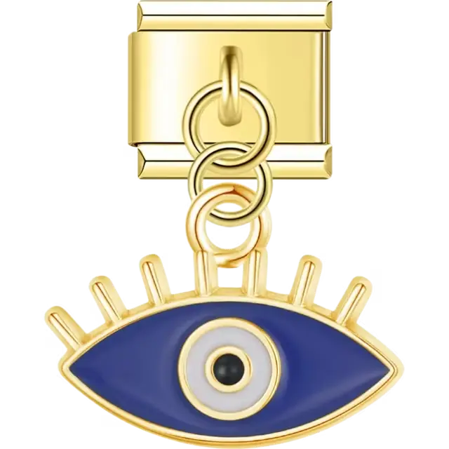 Gold dangling evil eye design with a navy-blue center and eyelash details Italian charm bracelet link