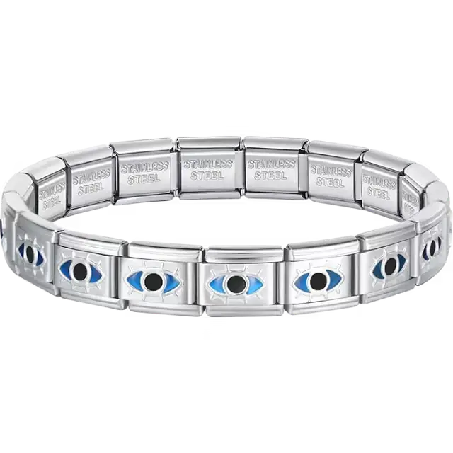 Blue evil eye charms composing stainless steel Italian bracelet