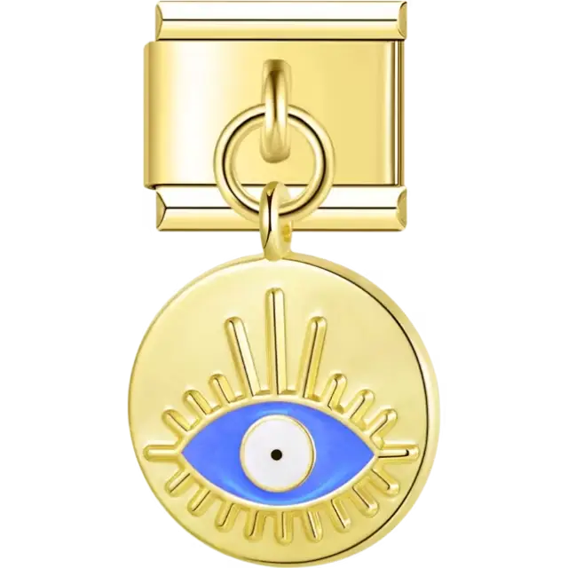 Round dangle charm with a blue evil eye design and radiating line details Italian charm bracelet link