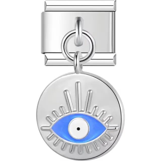 Round dangle charm with a blue evil eye design and radiating line details Italian charm bracelet link