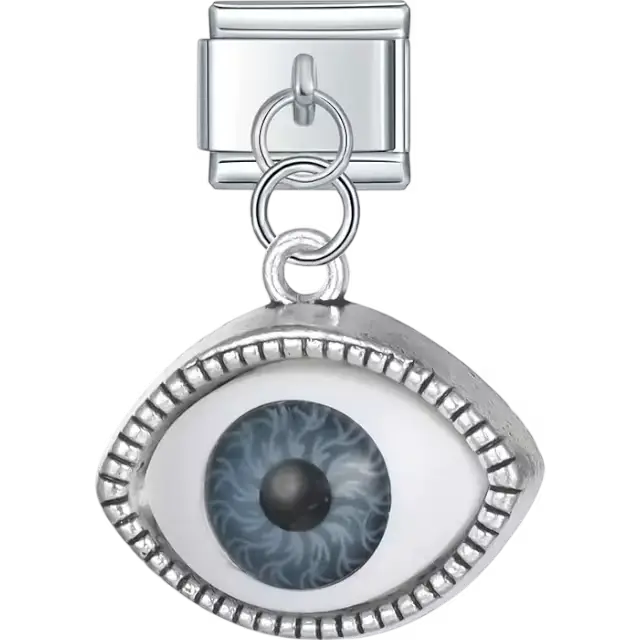 Dangling evil eye design with a detailed blue iris Italian charm bracelet link