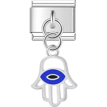 White hamsa hand blue evil eye dangle Italian charm bracelet link