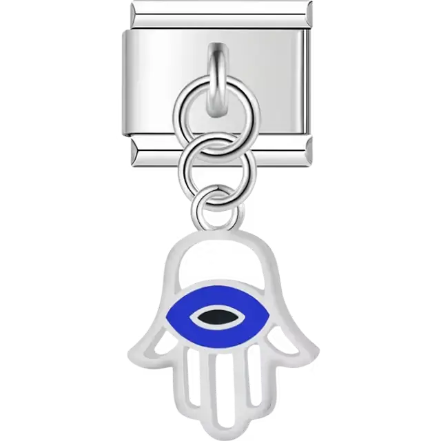 White hamsa hand blue evil eye dangle Italian charm bracelet link