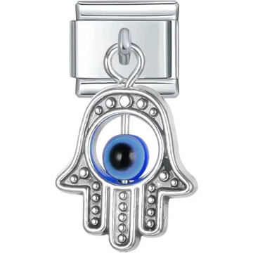 Dangling hamsa hand design with textured details and a blue evil eye bead Italian charm bracelet link