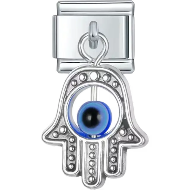Dangling hamsa hand design with textured details and a blue evil eye bead Italian charm bracelet link