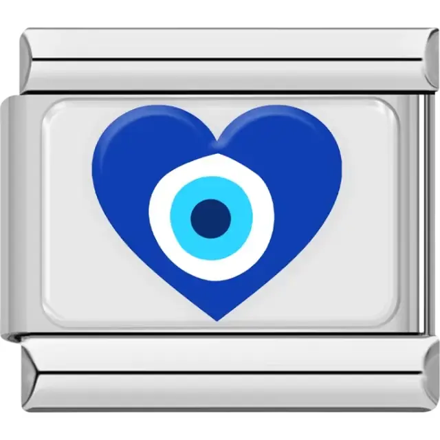 Blue heart design featuring a classic evil eye symbol at the center Italian charm bracelet link