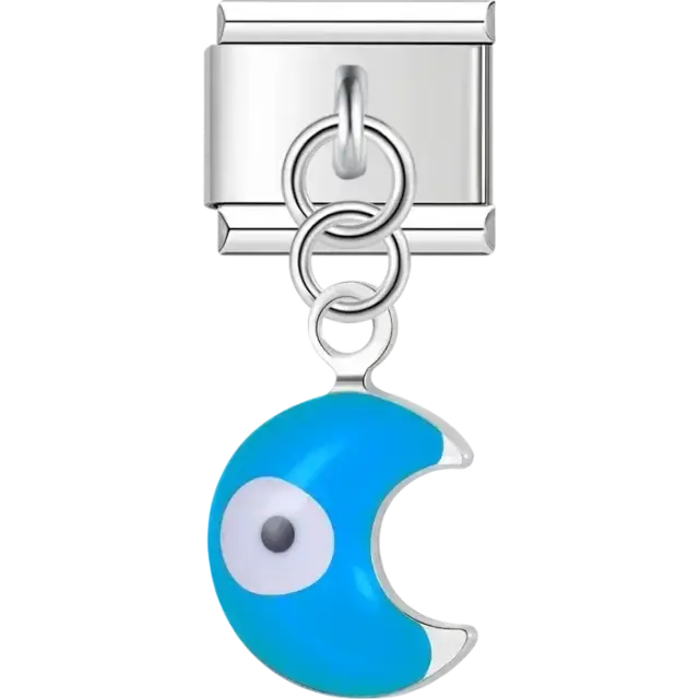 Blue crescent moon with evil eye dangle Italian charm bracelet link