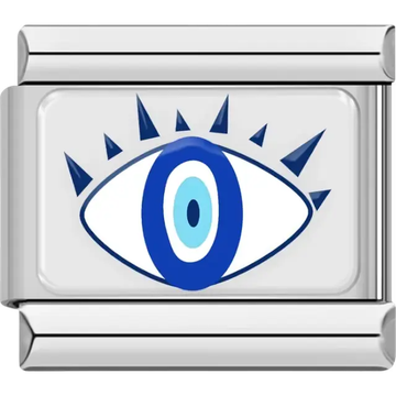 Blue evil eye design with pointed blue spike accents on a white background Italian charm bracelet link