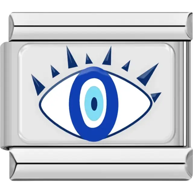 Blue evil eye design with pointed blue spike accents on a white background Italian charm bracelet link