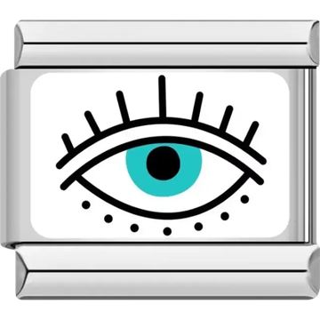 Stylized blue eye design with lashes and dotted accents Italian charm bracelet link