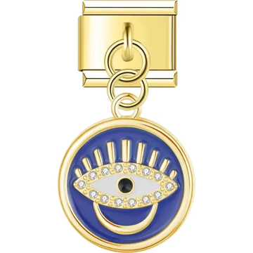 Gold dangling disk with a blue background, eye design, and crystal accents Italian charm bracelet link