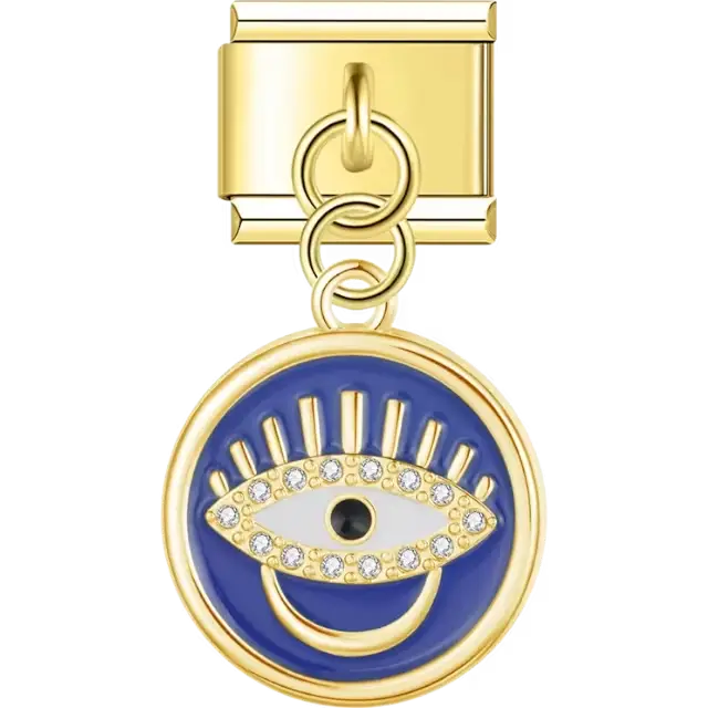 Gold dangling disk with a blue background, eye design, and crystal accents Italian charm bracelet link