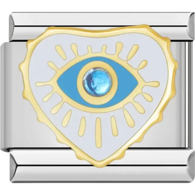 Heart-shaped charm with blue eye and gold accents Italian charm bracelet link