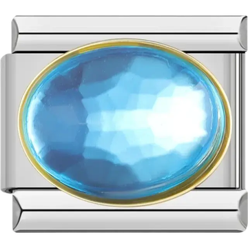 Blue faceted oval stone with gold border Italian charm bracelet link