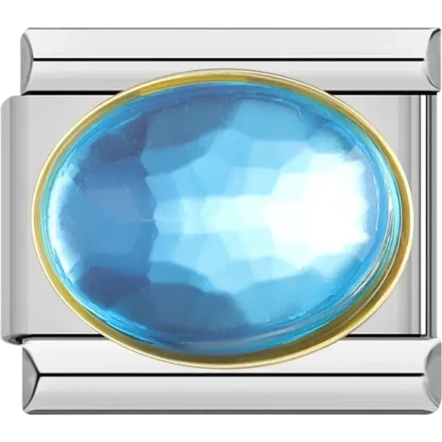 Blue faceted oval stone with gold border Italian charm bracelet link
