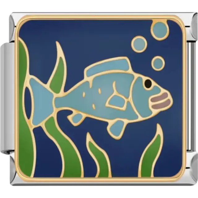 Blue fish swimming among green seaweed with air bubbles on a dark blue background Italian charm bracelet link