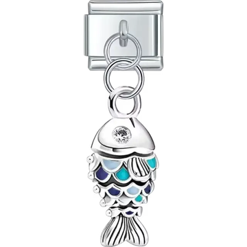 Fish design with blue and turquoise scales and crystal detail dangle Italian charm bracelet link