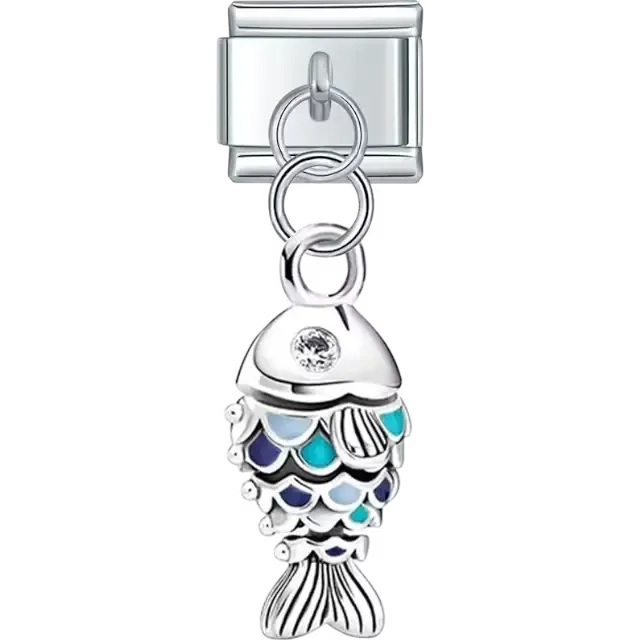 Fish design with blue and turquoise scales and crystal detail dangle Italian charm bracelet link