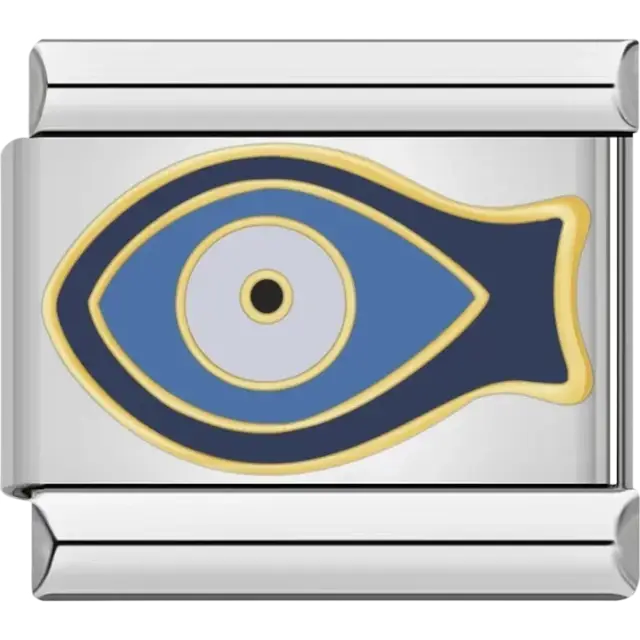 Blue fish eye with gold and black accents Italian charm bracelet link