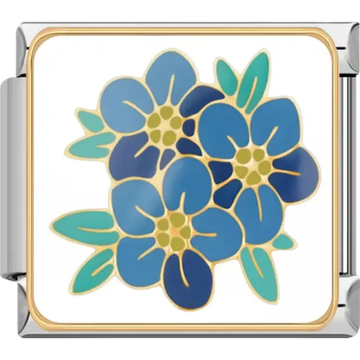 Cluster of blue flowers with gold outlines and green leaves on white background Italian charm bracelet link