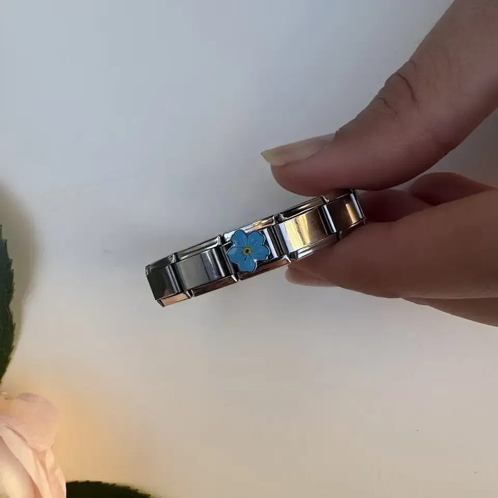 Blue flower with green and black center Italian charm bracelet link