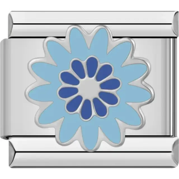 Double-layered blue flower design with light and dark blue petals Italian charm bracelet link
