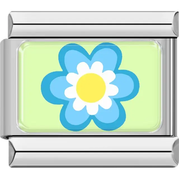 Blue flower with a white center and yellow middle on a light green background Italian charm bracelet link