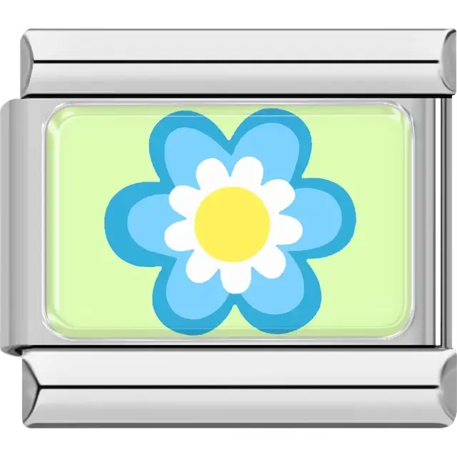 Blue flower with a white center and yellow middle on a light green background Italian charm bracelet link