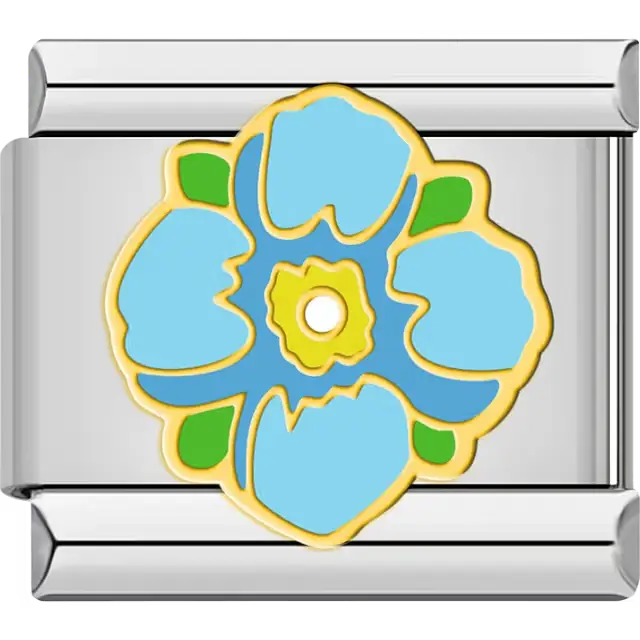 Blue five petal flower with yellow center green accents Italian charm bracelet link