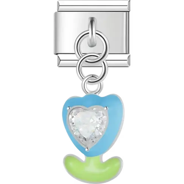 Blue flower with green stem and a clear heart-shaped gemstone Italian charm bracelet link