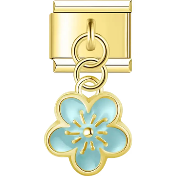Gold outline flower with blue enamel dangle Italian charm bracelet link