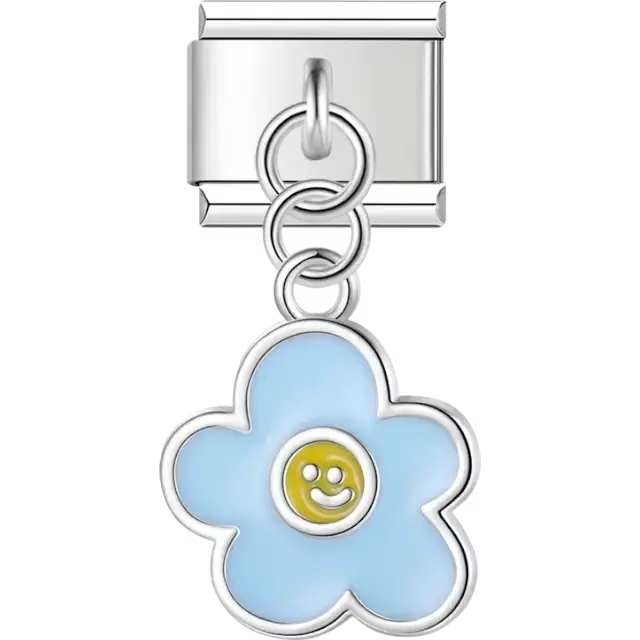 Light blue flower with a yellow smiling face center dangling Italian charm bracelet link