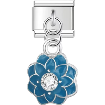 Blue flower with clear gemstone center dangle Italian charm bracelet link
