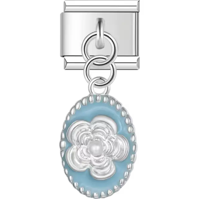 Blue oval dangle charm with a raised flower design and pearl-like center Italian charm bracelet link
