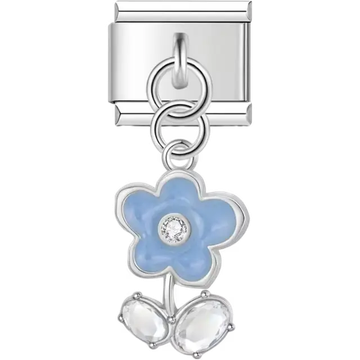 Blue flower dangle charm with a crystal center and two clear gemstones Italian charm bracelet link